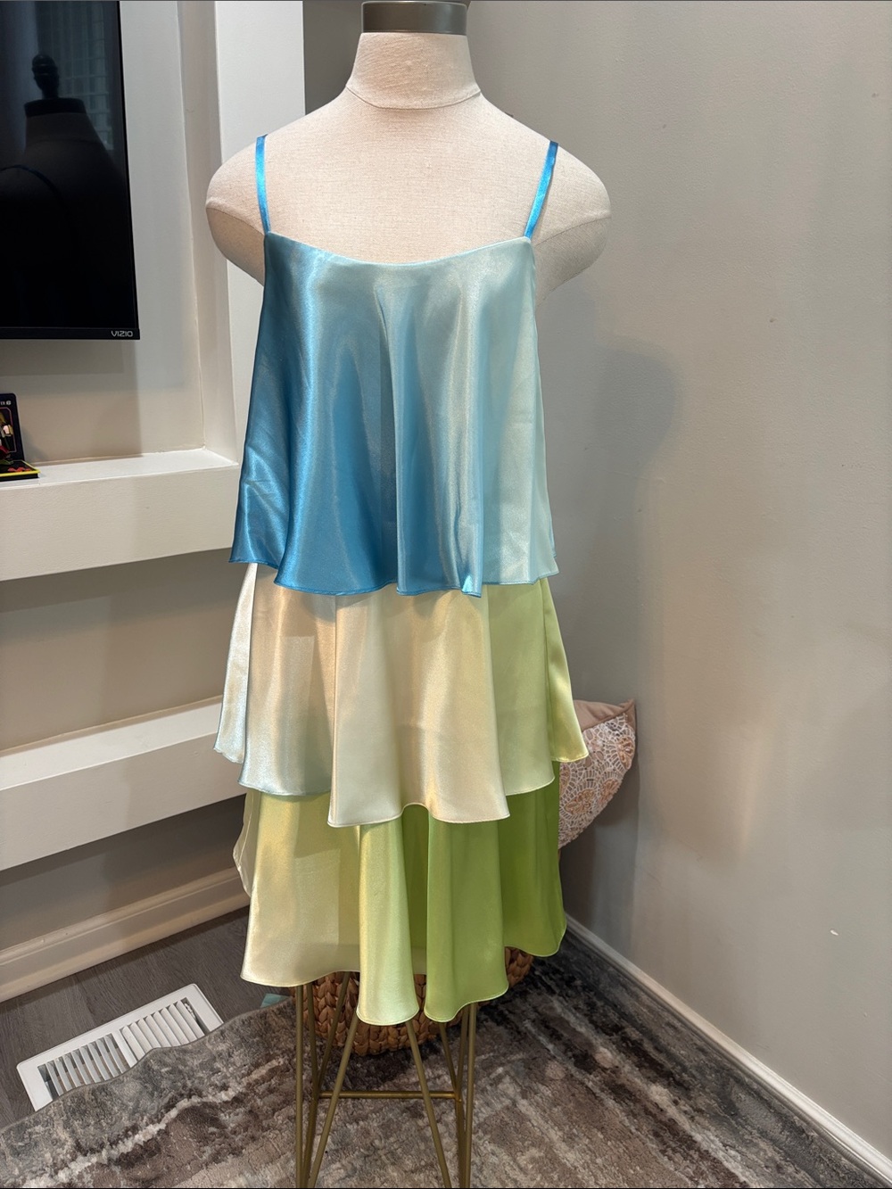 Maggy London Strapless Tiered Satin Dress in Blue, Cream, and Green